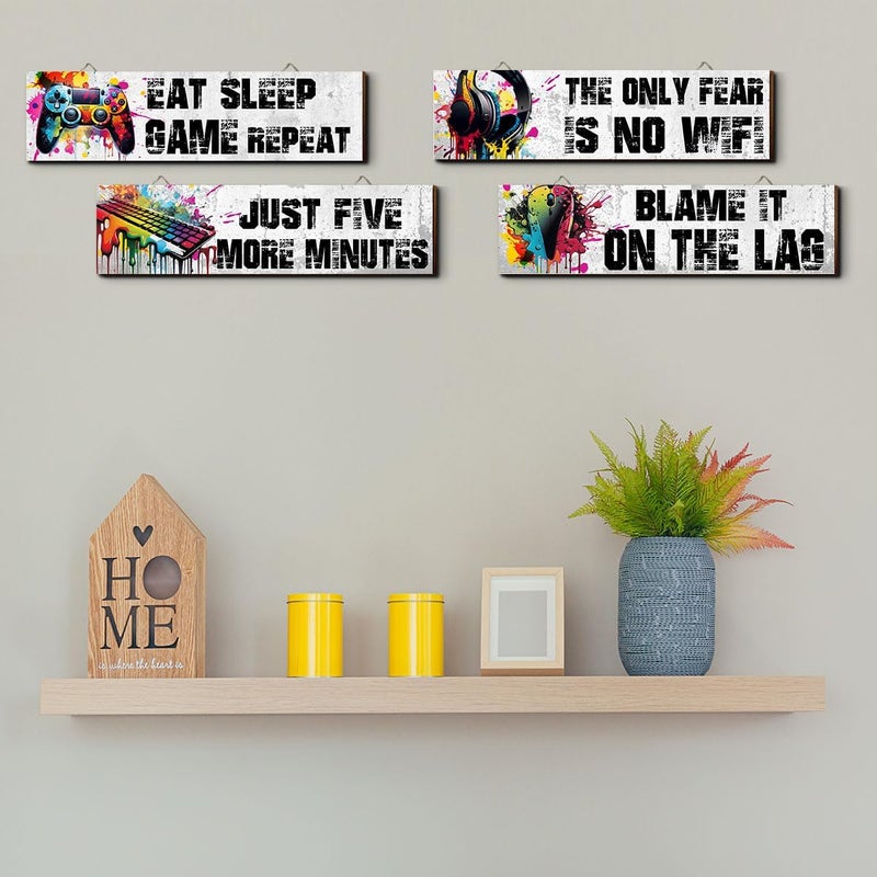 Hatzelou 4Pcs Game Room Hanging Decor Sign, Watercolor Game Wall Wooden Sign, Game Room Accessories Hanging Sign, Gamer Hanging Plaques for Teen Room Bedroom Playroom Decorations, black - Image 4